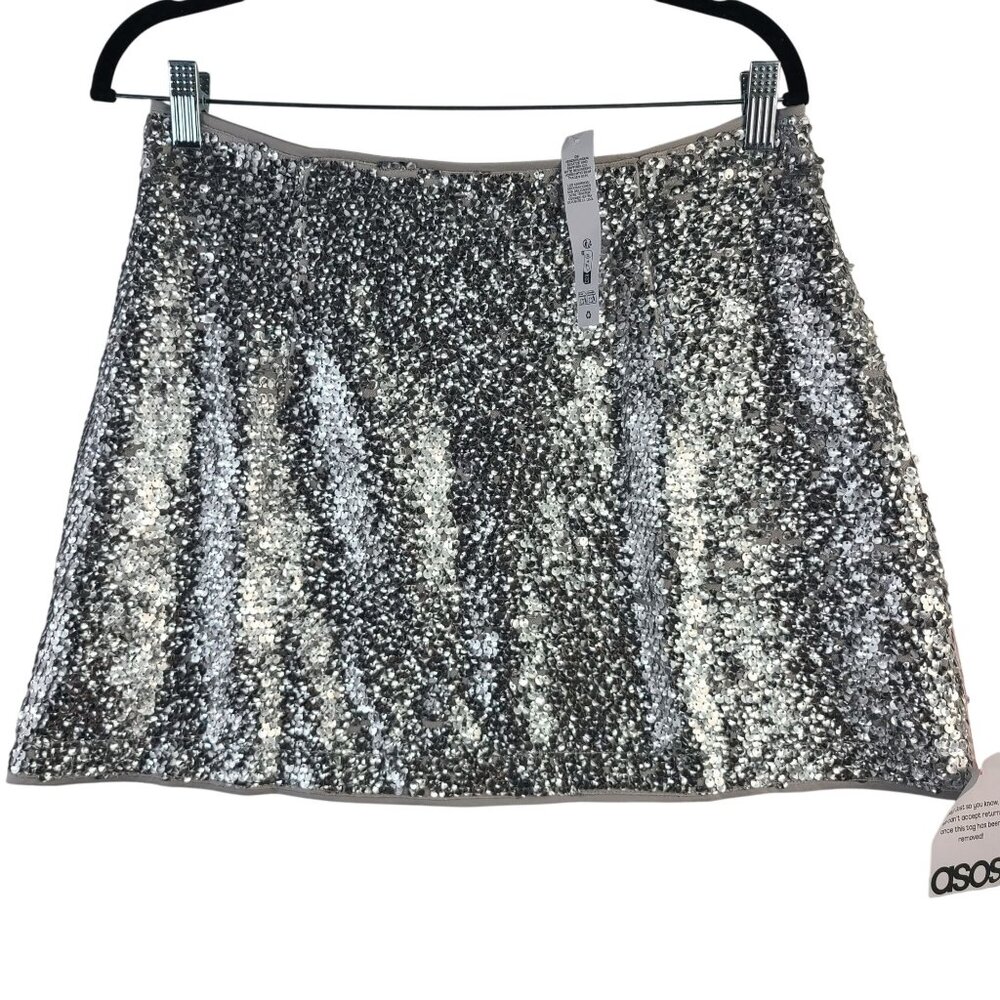 NWT ASOS Design Silver Sequin Mini Skirt Zip Closure Sz 8